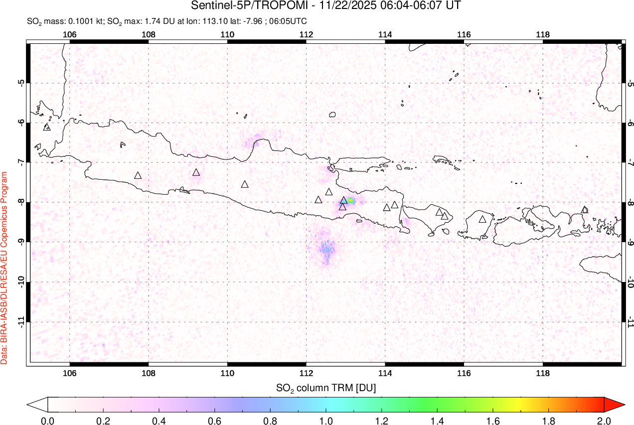 A sulfur dioxide image over Java, Indonesia on Nov 22, 2025.