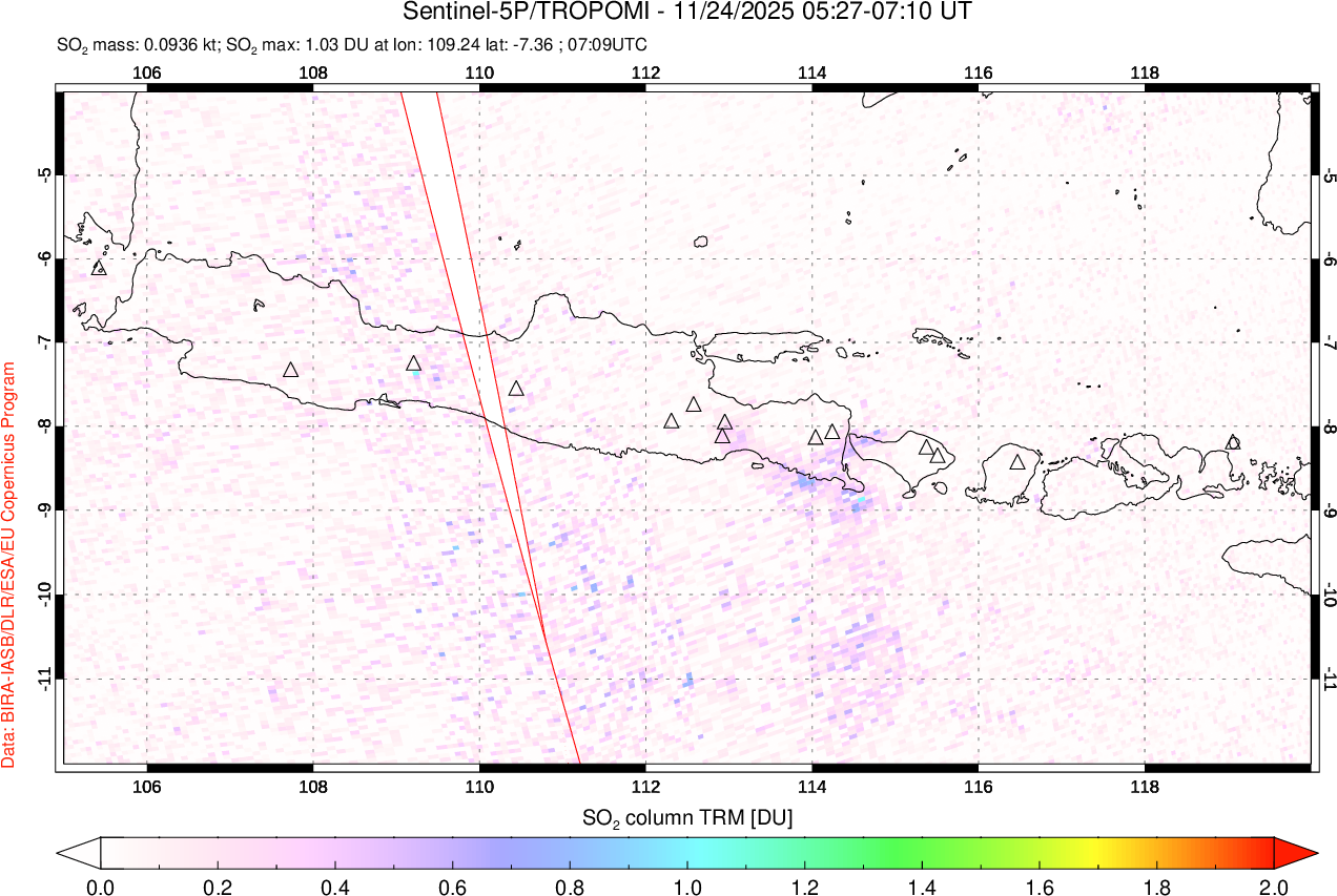 A sulfur dioxide image over Java, Indonesia on Nov 24, 2025.