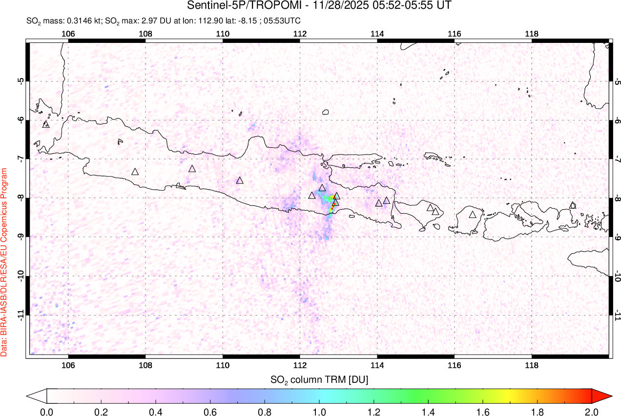 A sulfur dioxide image over Java, Indonesia on Nov 28, 2025.