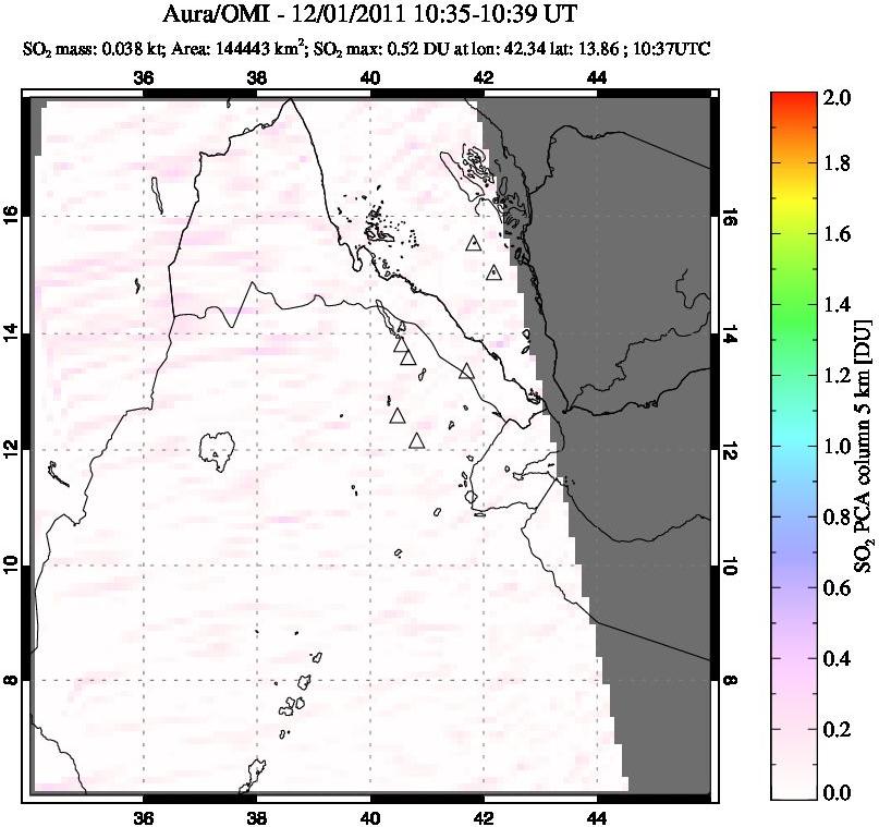 A sulfur dioxide image over Afar and southern Red Sea on Dec 01, 2011.