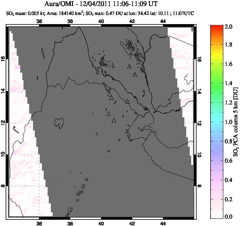 A sulfur dioxide image over Afar and southern Red Sea on Dec 04, 2011.