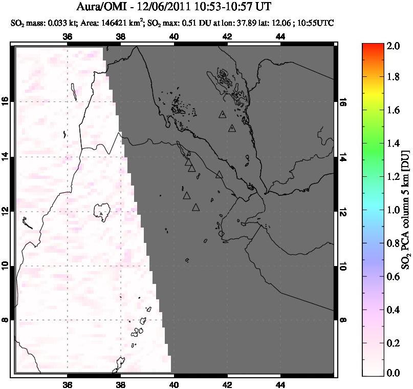A sulfur dioxide image over Afar and southern Red Sea on Dec 06, 2011.