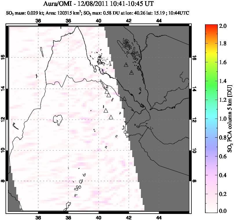 A sulfur dioxide image over Afar and southern Red Sea on Dec 08, 2011.