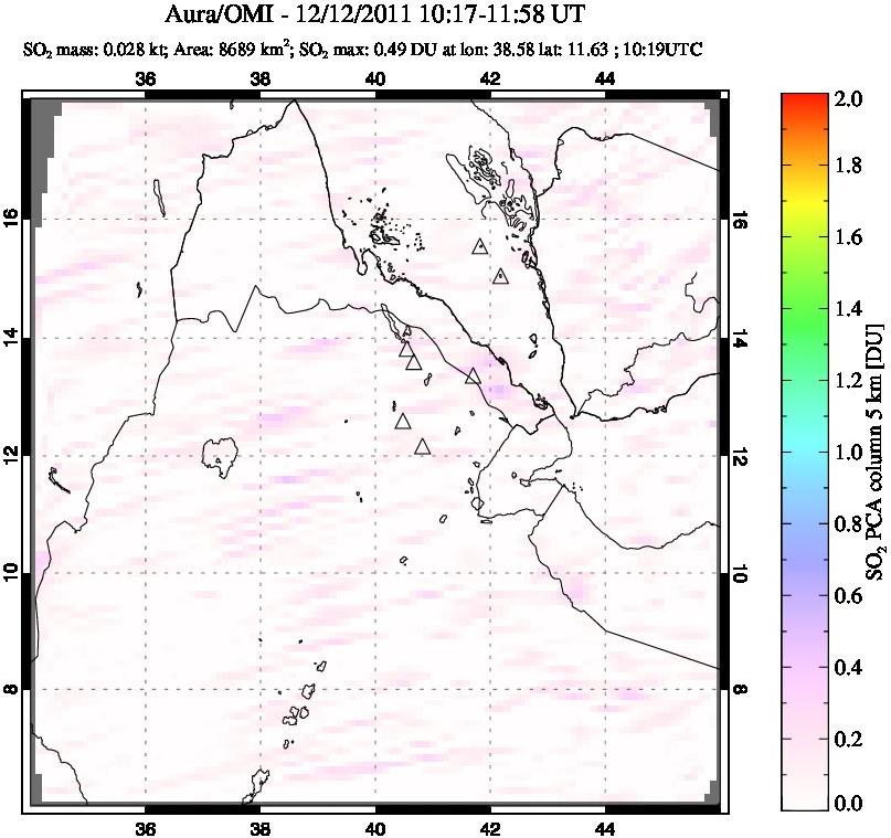 A sulfur dioxide image over Afar and southern Red Sea on Dec 12, 2011.