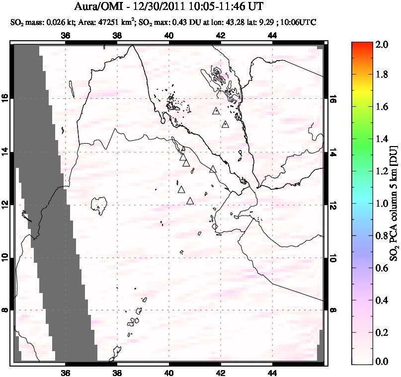 A sulfur dioxide image over Afar and southern Red Sea on Dec 30, 2011.