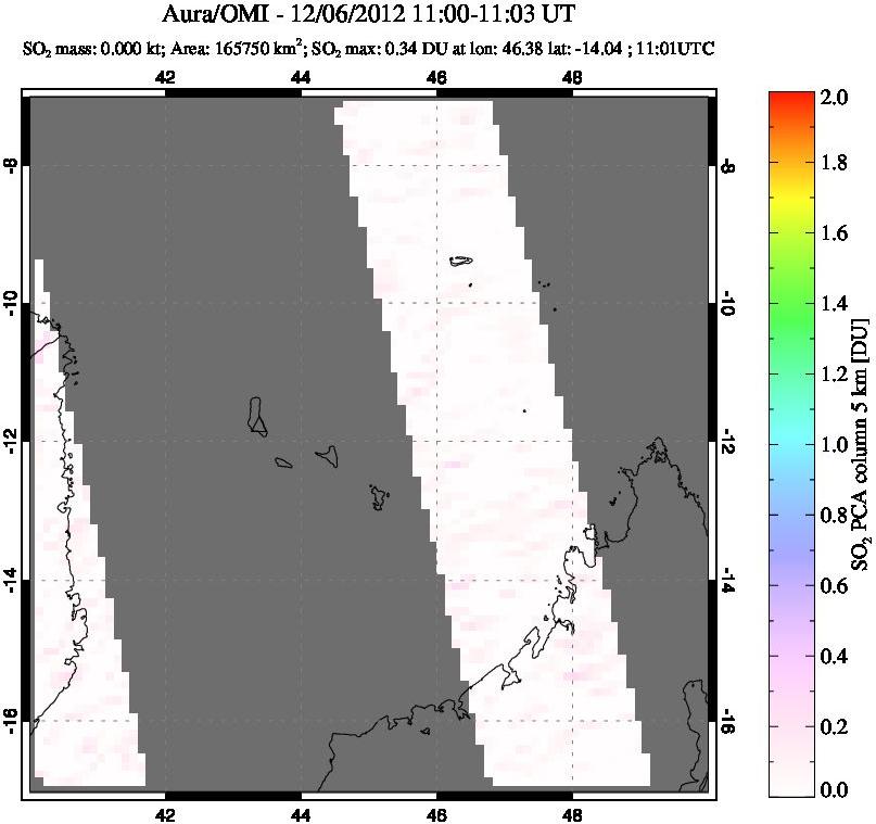 A sulfur dioxide image over Comoro Islands on Dec 06, 2012.
