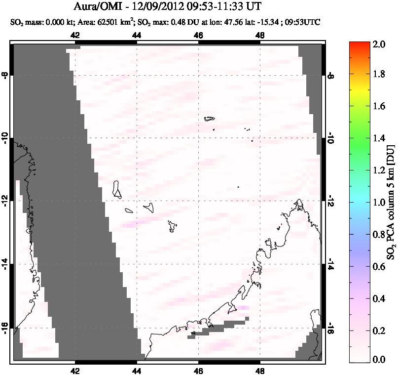 A sulfur dioxide image over Comoro Islands on Dec 09, 2012.