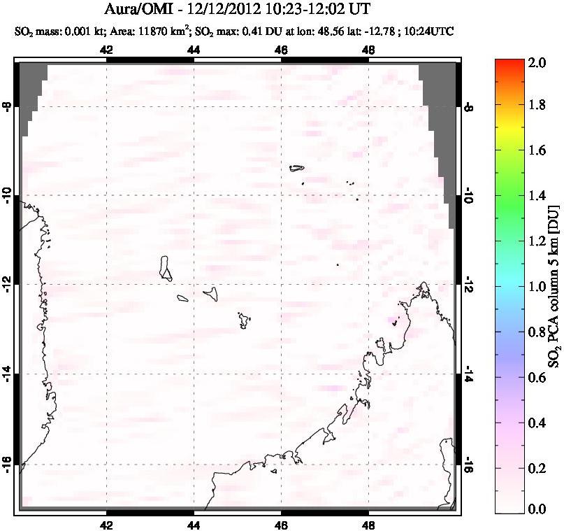 A sulfur dioxide image over Comoro Islands on Dec 12, 2012.
