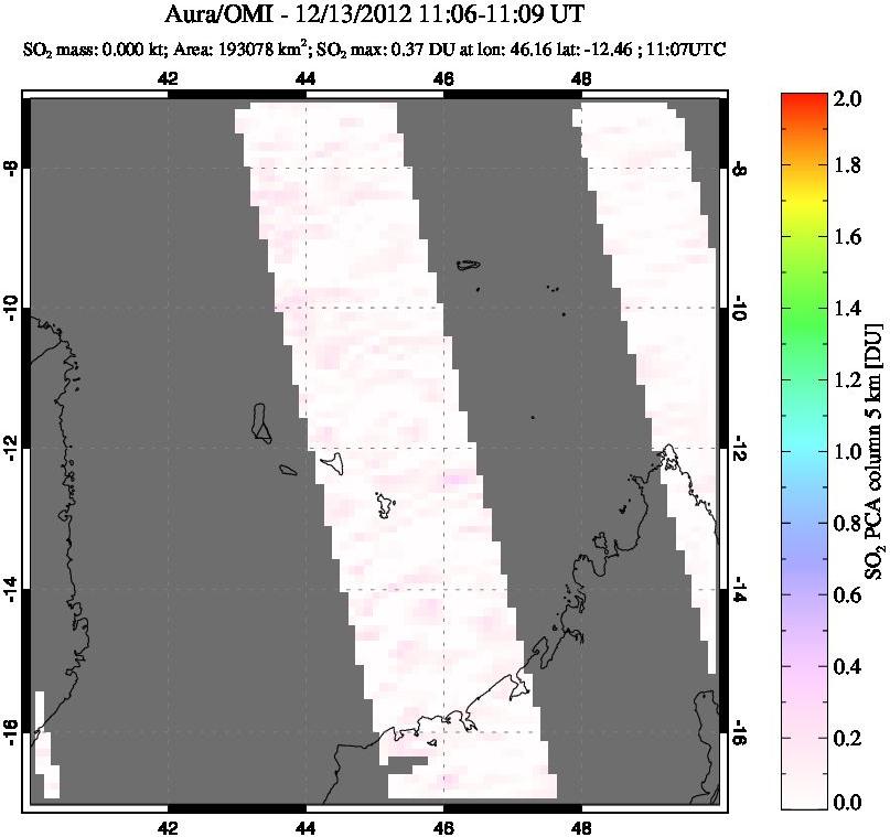 A sulfur dioxide image over Comoro Islands on Dec 13, 2012.