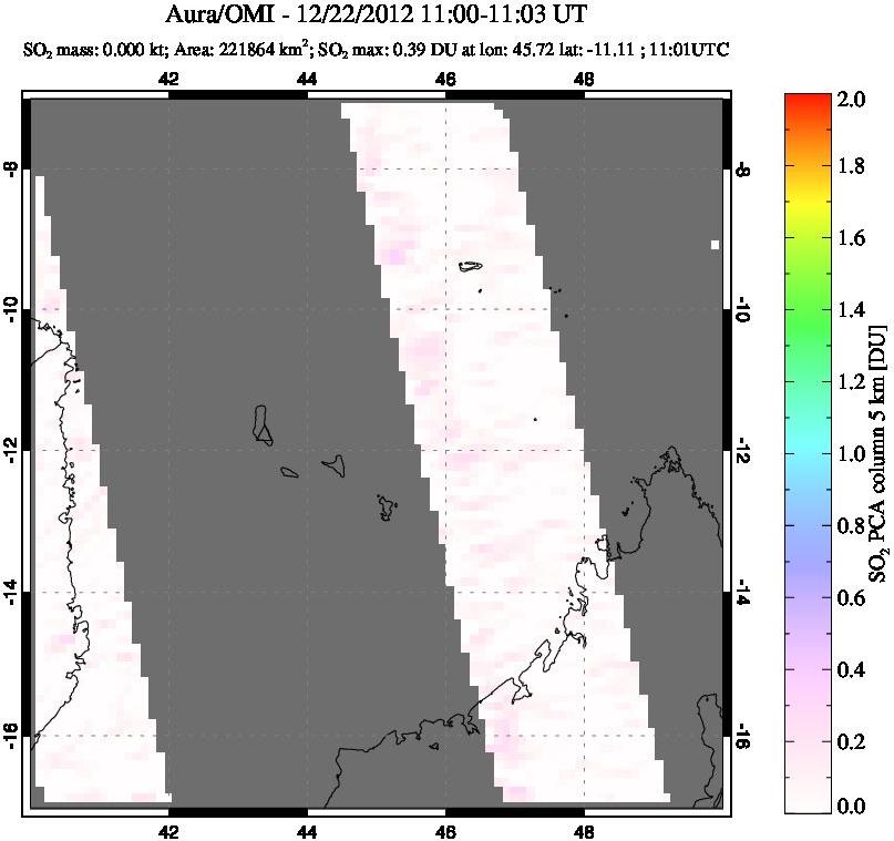 A sulfur dioxide image over Comoro Islands on Dec 22, 2012.