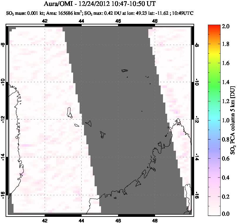 A sulfur dioxide image over Comoro Islands on Dec 24, 2012.