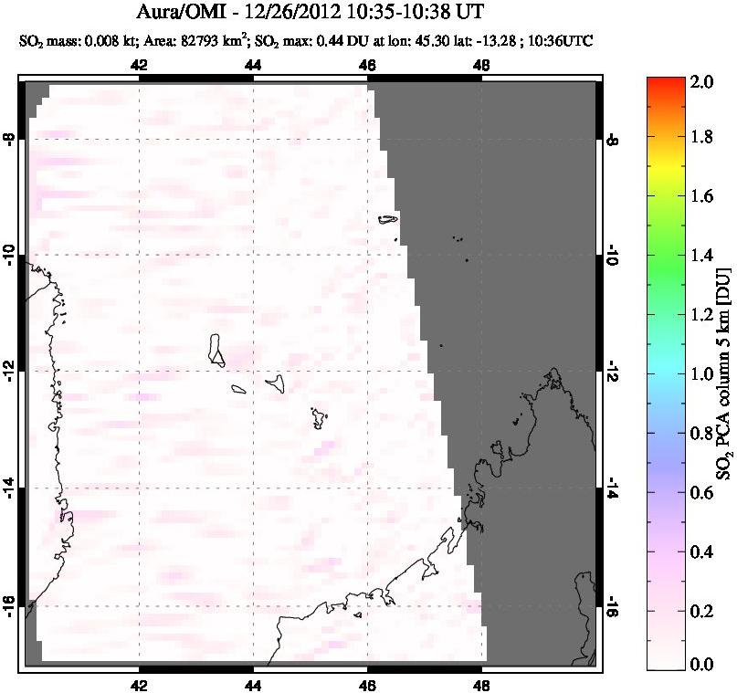 A sulfur dioxide image over Comoro Islands on Dec 26, 2012.
