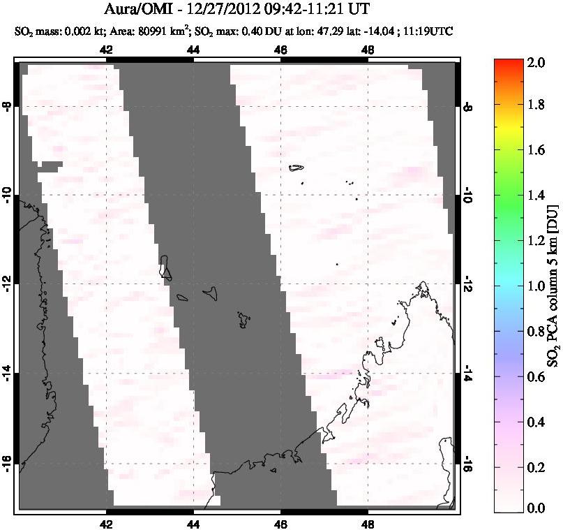 A sulfur dioxide image over Comoro Islands on Dec 27, 2012.