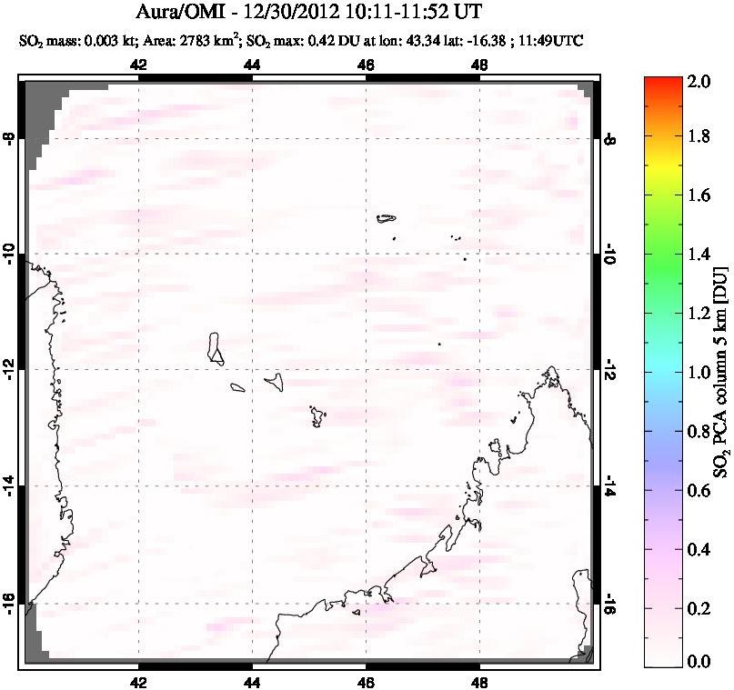 A sulfur dioxide image over Comoro Islands on Dec 30, 2012.