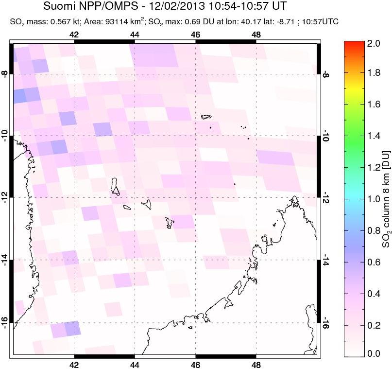 A sulfur dioxide image over Comoro Islands on Dec 02, 2013.