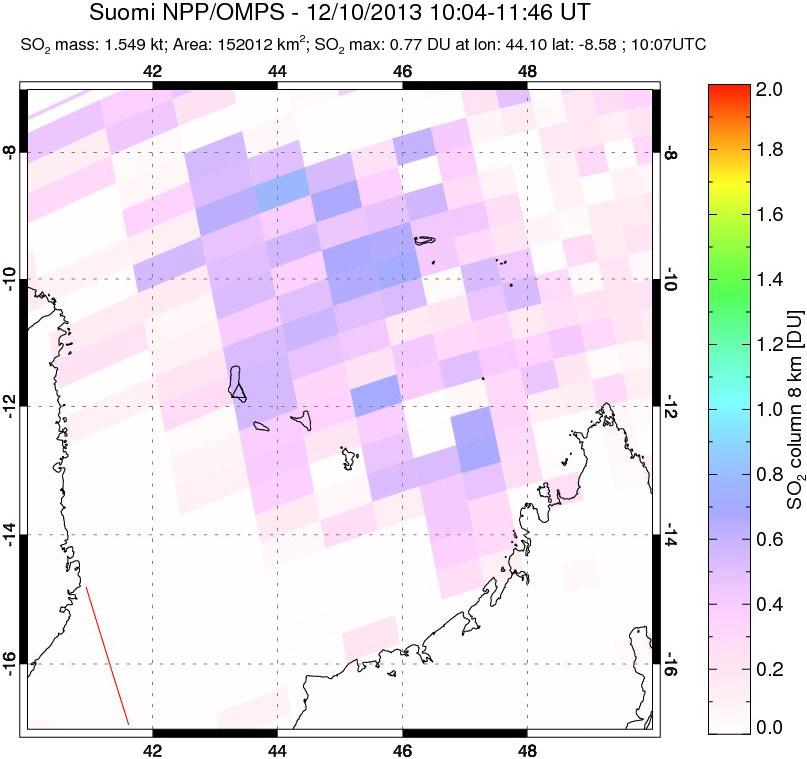 A sulfur dioxide image over Comoro Islands on Dec 10, 2013.