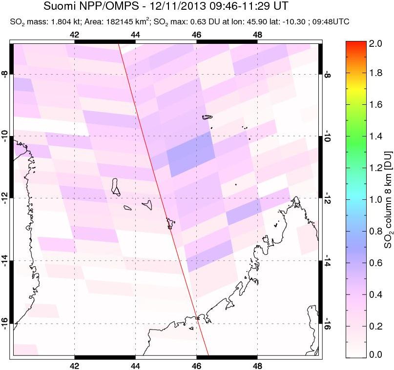 A sulfur dioxide image over Comoro Islands on Dec 11, 2013.