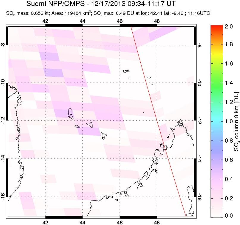 A sulfur dioxide image over Comoro Islands on Dec 17, 2013.