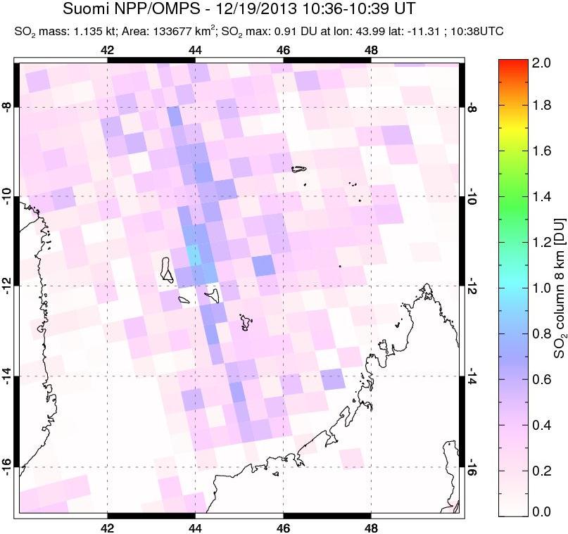 A sulfur dioxide image over Comoro Islands on Dec 19, 2013.