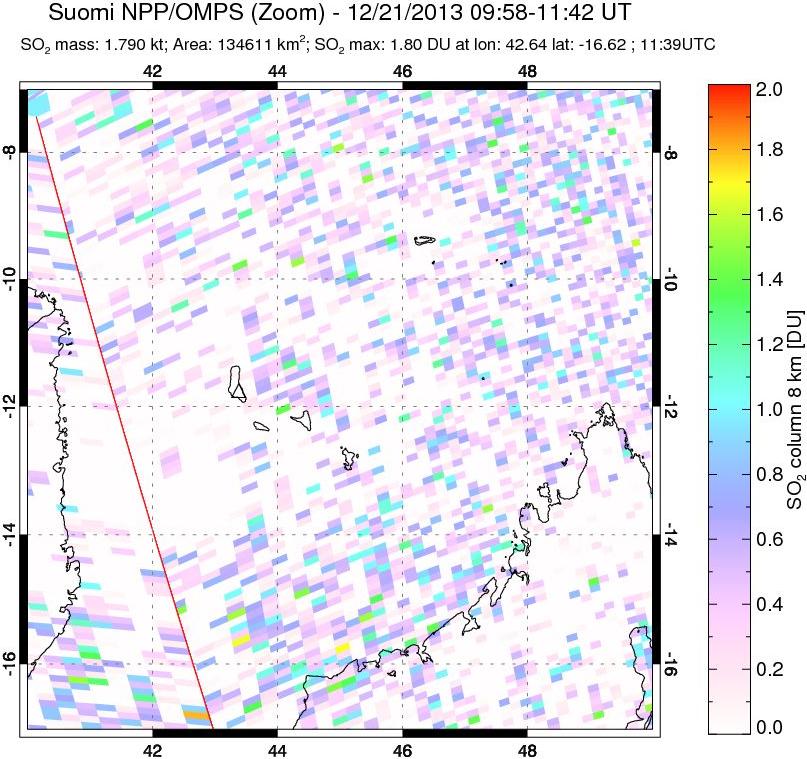 A sulfur dioxide image over Comoro Islands on Dec 21, 2013.