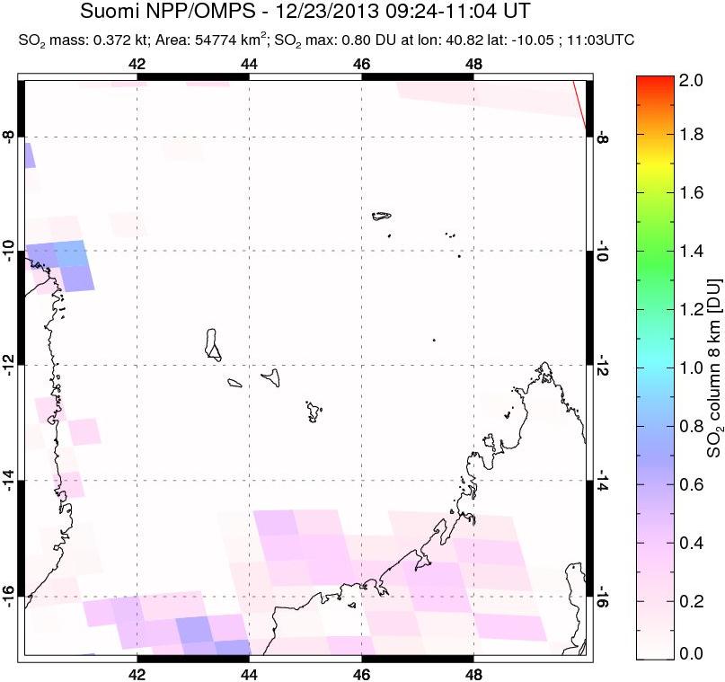 A sulfur dioxide image over Comoro Islands on Dec 23, 2013.