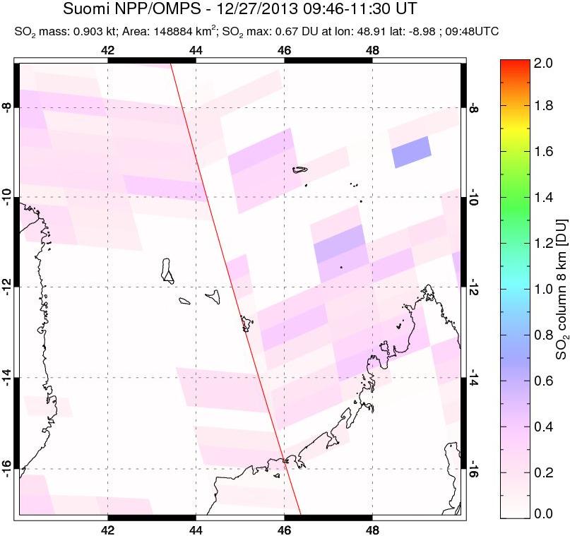 A sulfur dioxide image over Comoro Islands on Dec 27, 2013.