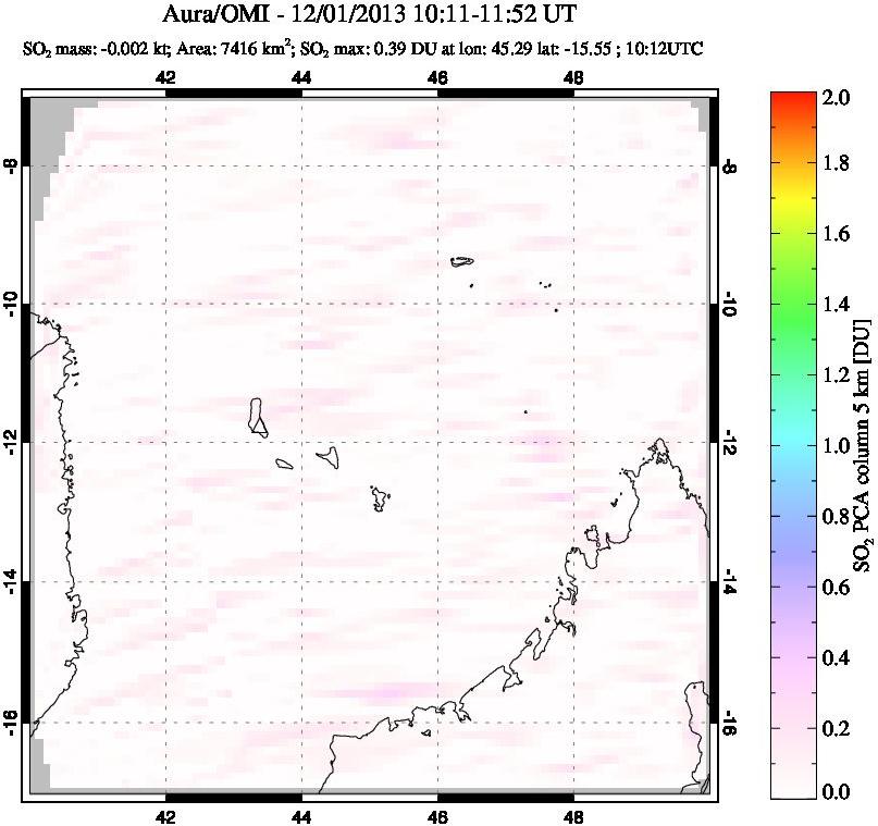 A sulfur dioxide image over Comoro Islands on Dec 01, 2013.