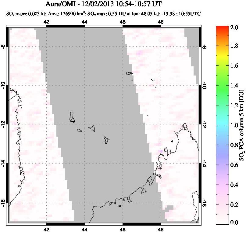A sulfur dioxide image over Comoro Islands on Dec 02, 2013.