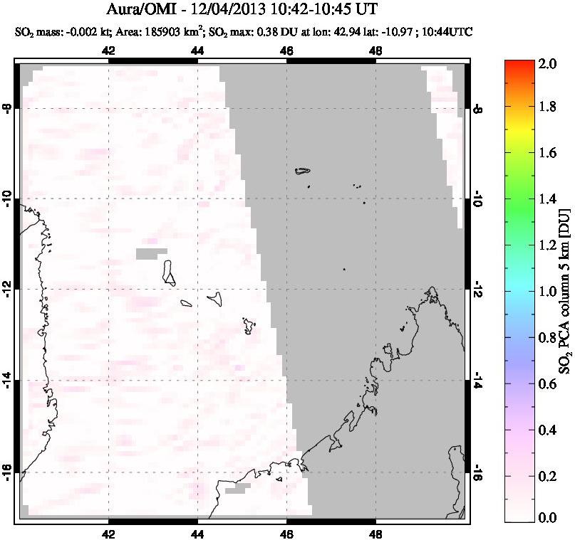 A sulfur dioxide image over Comoro Islands on Dec 04, 2013.