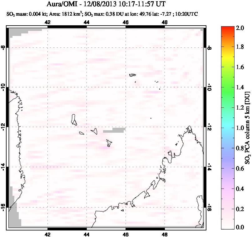 A sulfur dioxide image over Comoro Islands on Dec 08, 2013.