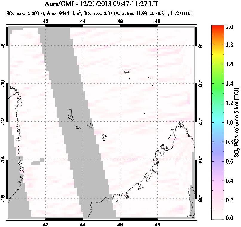 A sulfur dioxide image over Comoro Islands on Dec 21, 2013.