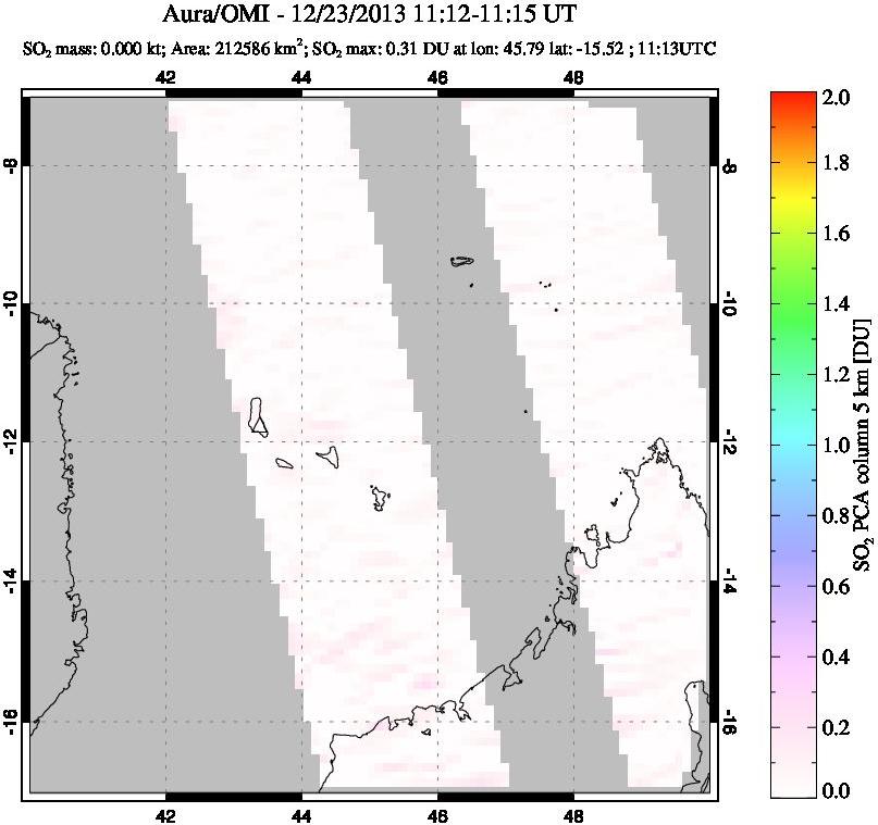 A sulfur dioxide image over Comoro Islands on Dec 23, 2013.