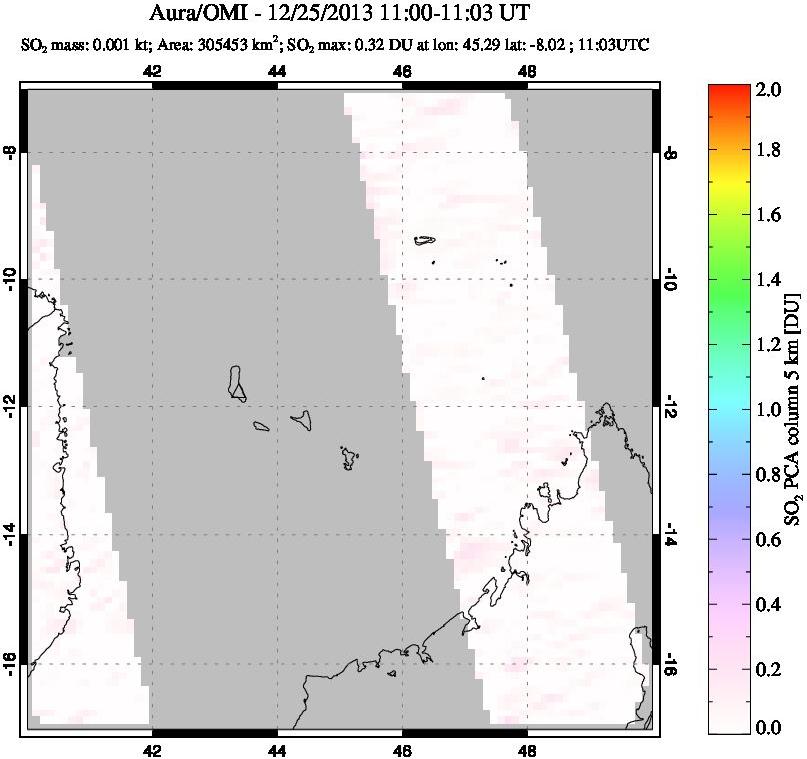 A sulfur dioxide image over Comoro Islands on Dec 25, 2013.