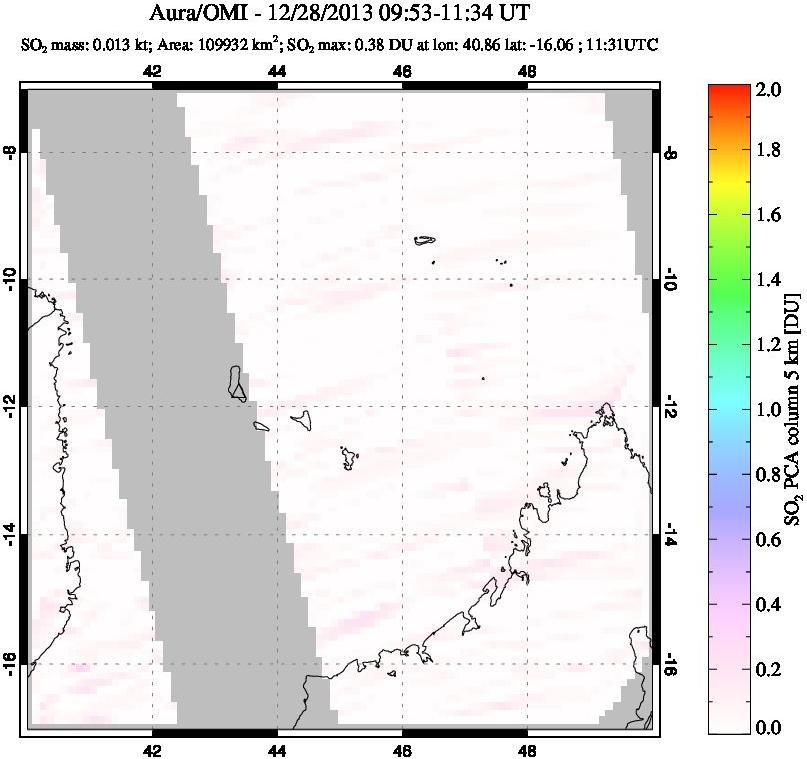 A sulfur dioxide image over Comoro Islands on Dec 28, 2013.