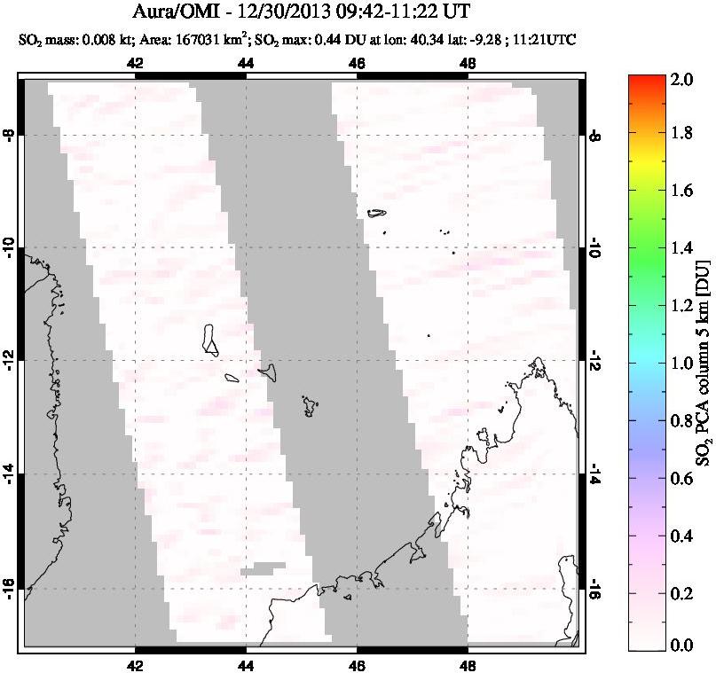 A sulfur dioxide image over Comoro Islands on Dec 30, 2013.