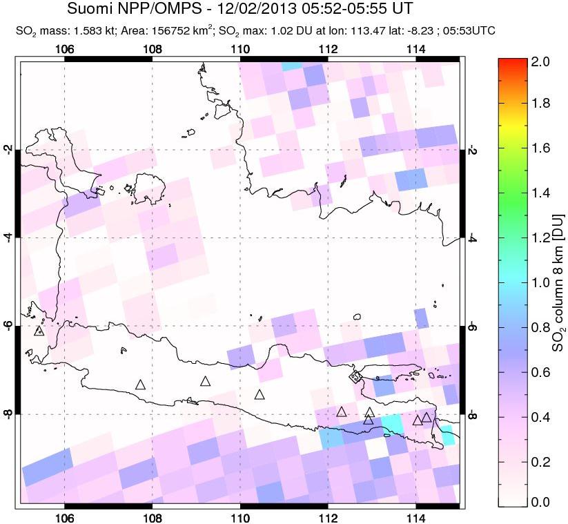 A sulfur dioxide image over Java, Indonesia on Dec 02, 2013.