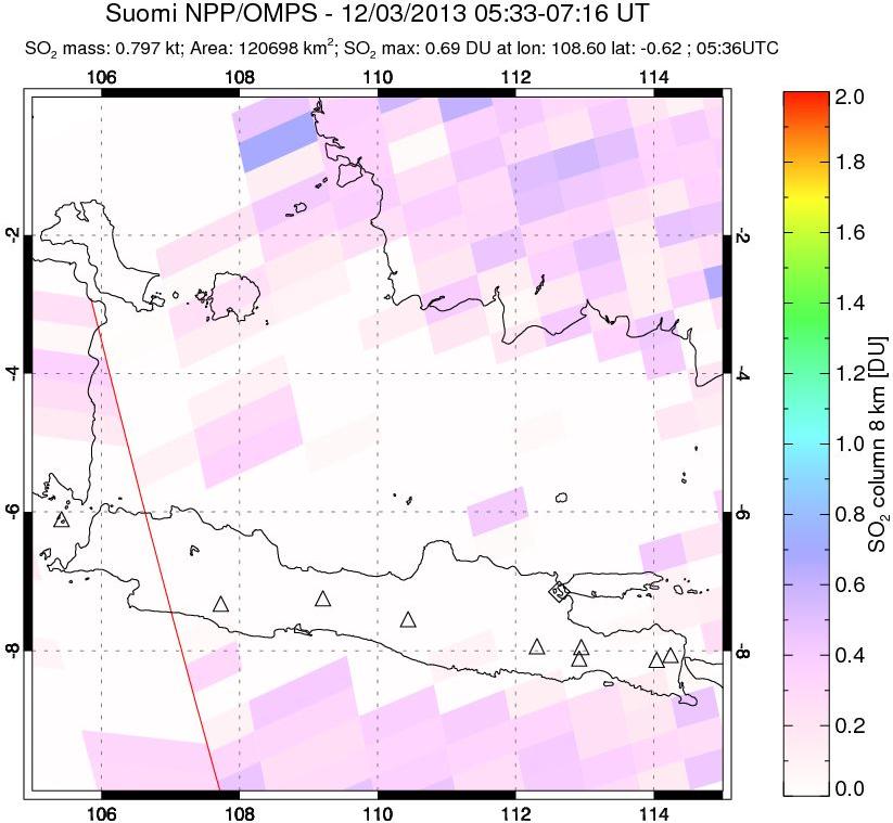 A sulfur dioxide image over Java, Indonesia on Dec 03, 2013.