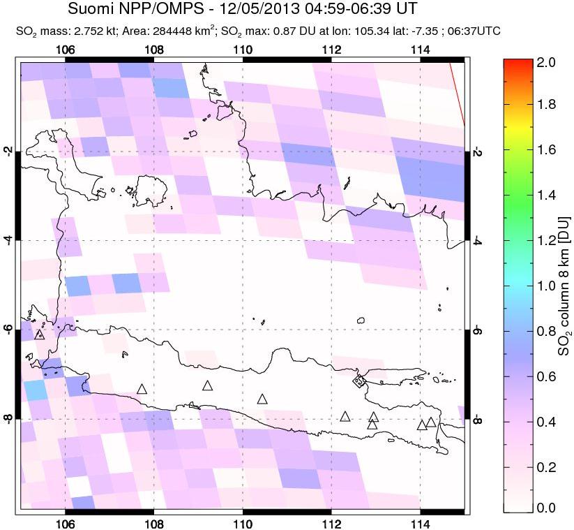 A sulfur dioxide image over Java, Indonesia on Dec 05, 2013.