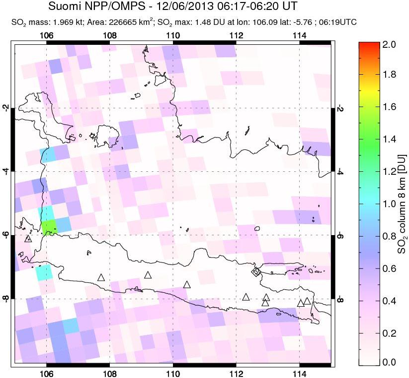 A sulfur dioxide image over Java, Indonesia on Dec 06, 2013.