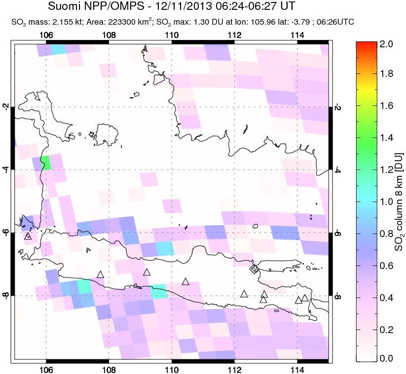 A sulfur dioxide image over Java, Indonesia on Dec 11, 2013.