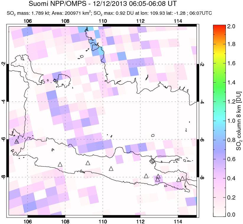 A sulfur dioxide image over Java, Indonesia on Dec 12, 2013.
