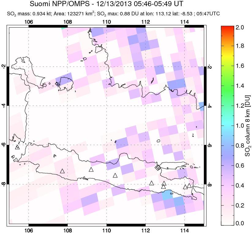 A sulfur dioxide image over Java, Indonesia on Dec 13, 2013.