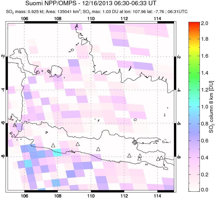 A sulfur dioxide image over Java, Indonesia on Dec 16, 2013.