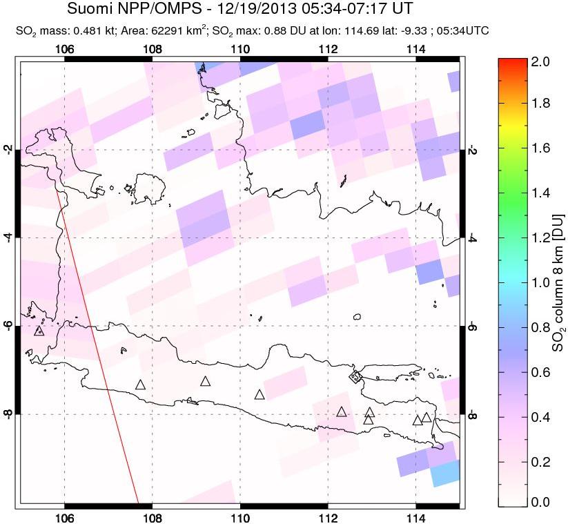 A sulfur dioxide image over Java, Indonesia on Dec 19, 2013.