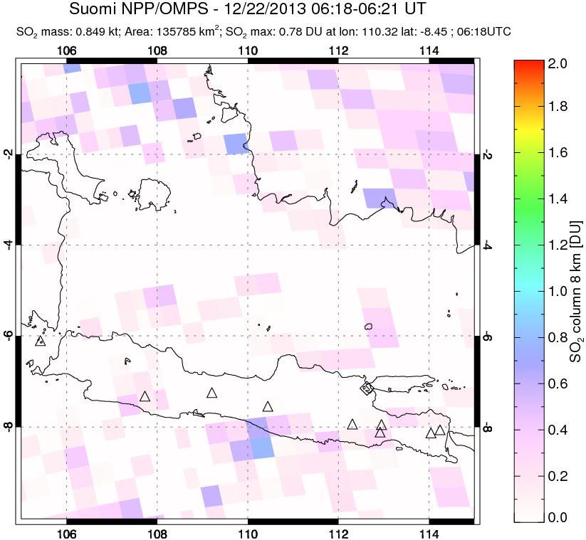 A sulfur dioxide image over Java, Indonesia on Dec 22, 2013.