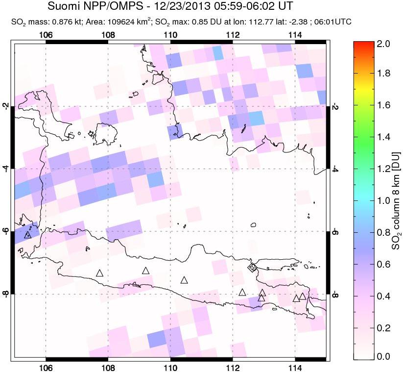 A sulfur dioxide image over Java, Indonesia on Dec 23, 2013.
