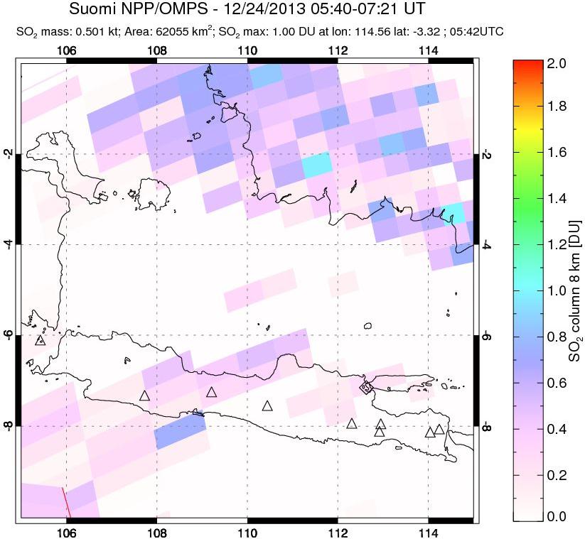 A sulfur dioxide image over Java, Indonesia on Dec 24, 2013.