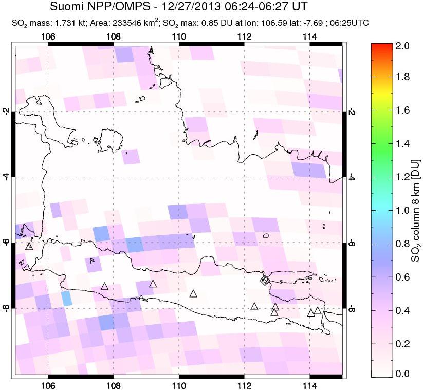 A sulfur dioxide image over Java, Indonesia on Dec 27, 2013.
