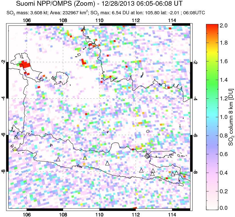 A sulfur dioxide image over Java, Indonesia on Dec 28, 2013.