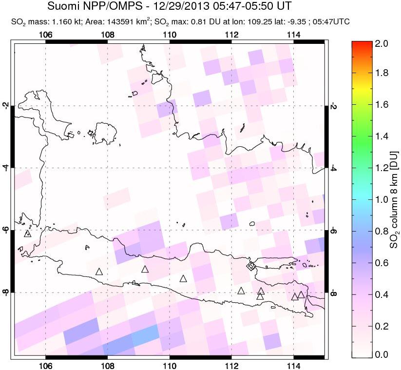 A sulfur dioxide image over Java, Indonesia on Dec 29, 2013.